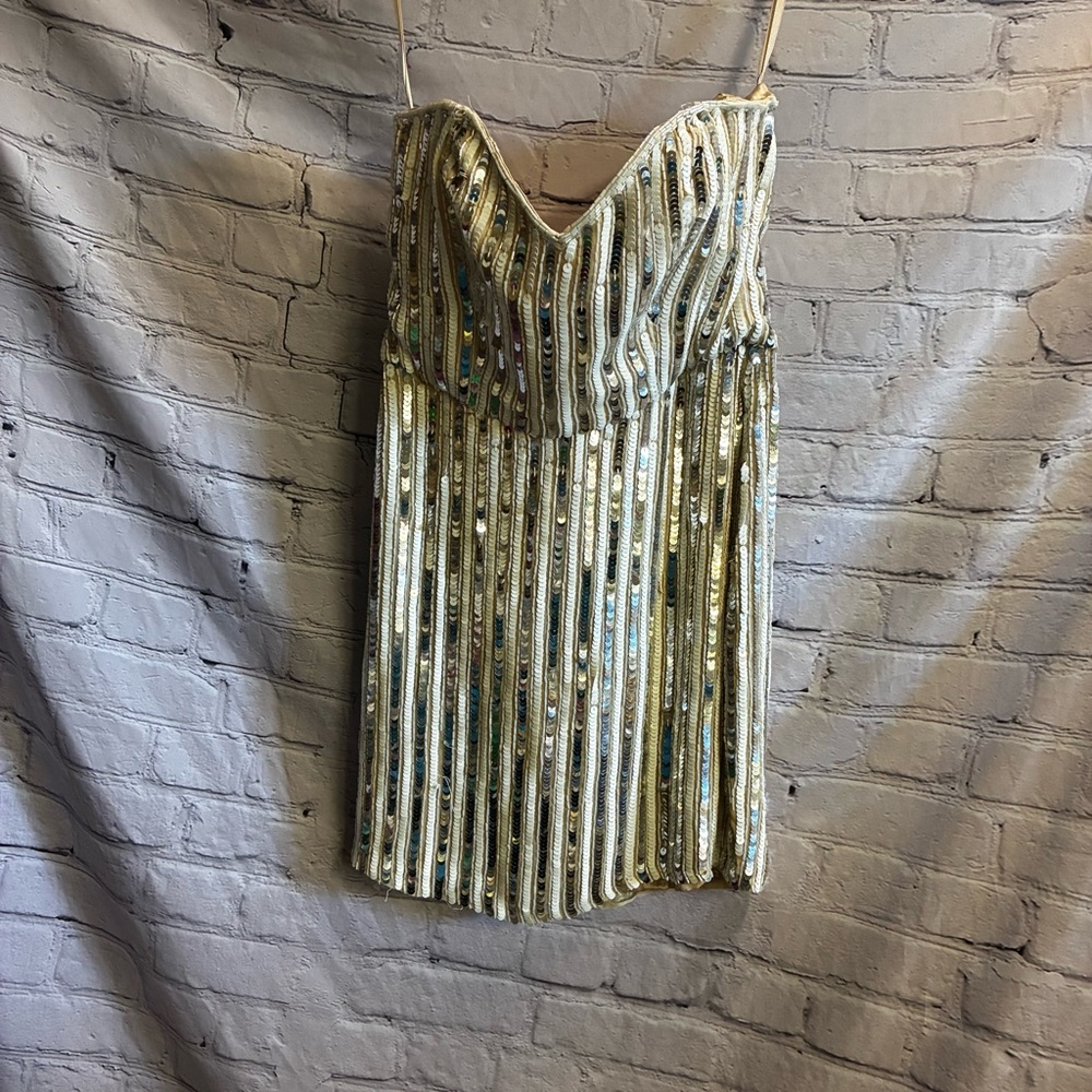 NWT Parker Sequin Pinstripe Strapless Party Dress Beige White Silver Sz M READ